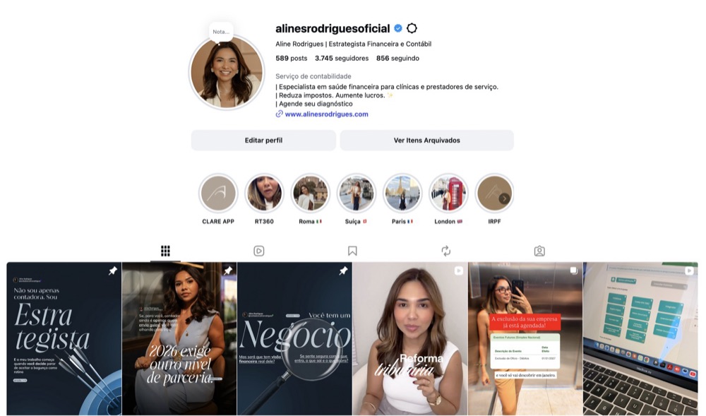 Perfil de Aline Rodrigues no Instagram